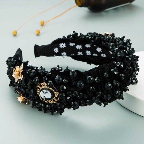 Statement Velvet Black Beaded Headband w/ Gold Cameo & Gem Embellisment - Picture 4 of 4